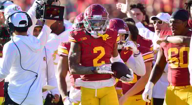 USC Trojans cornerback Jaylin Smith (2) reacts after intercepting a pass against the Nebraska Cornhuskers during the first half at the Los Angeles Memorial Coliseum