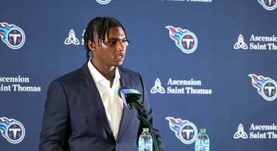 Apr 25, 2025; Nashville, TN, USA; Tennessee Titans first round draft pick Cameron Ward speaks to the media at a press conference. Cam Ward was the number one overall pick in the 2025 NFL Draft.Mandatory Credit: Steve Roberts-Imagn Images