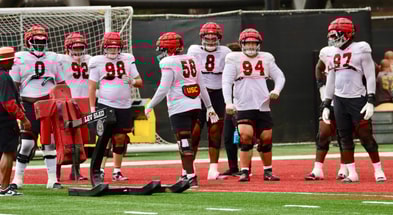 USC defensive line during a spring ball practice