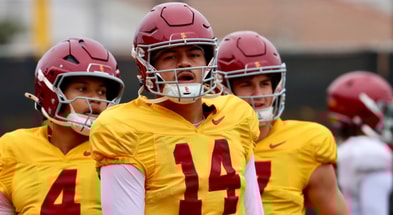 USC quarterbacks Jayden Maiava, Husan Longstreet and Sam Huard at a spring practice with the Trojans