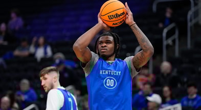 Mar 20, 2025; Milwaukee, WI, USA; Kentucky Wildcats guard Otega Oweh (0) shoots during NCAA Tournament First Round Practice at Fiserv Forum. Mandatory Credit: Jeff Hanisch-Imagn Images