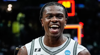 Michigan State forward Coen Carr (55) celebrates 71-63 win over New Mexico at the Second Round of NCAA tournament at Rocket Arena in Cleveland, Ohio on Sunday, March 23, 2025. - Junfu Han, USA TODAY Sports