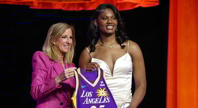 Sania Feagin poses with WNBA commissioner Cathy Engelbert after being selected with the number twenty one overall pick to the Los Angeles Sparks in the 2025 WNBA Draft at The Shed at Hudson Yards. Mandatory Credit: Vincent Carchietta-Imagn Images