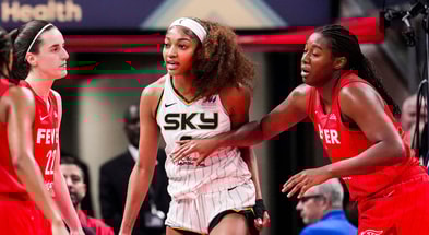 Chicago Sky forward Angel Reese (5) reacts to a flagrant foul from Indiana Fever guard Caitlin Clark (22) on Saturday, May 17, 2025, during a game between the Indiana Fever and the Chicago Sky at Gainbridge Fieldhouse in Indianapolis. The Indiana Fever defeated the Chicago Sky, 93-58.