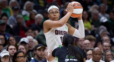 Atlanta Dream guard Allisha Gray (15) looks to pass with Seattle Storm guard Zia Cooke (7) defending during the second half at Climate Pledge Arena. Mandatory Credit: John Froschauer-Imagn Images