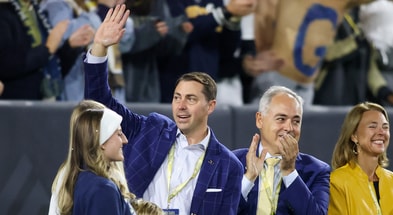 Georgia Tech Yellow Jackets athletic director J Batt is introduced on the field as president Angel Cabrera against the Virginia Cavaliers in the first half at Bobby Dodd Stadium. - Brett Davis, USA TODAY Sports