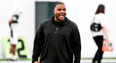 Michigan State assistant head coach Keith Bhonapha calls out to players during football practice on Tuesday, April 8, 2025, in East Lansing. - Nick King, USA TODAY Sports