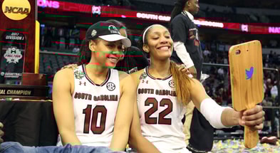 South Carolina women's basketball alums Allisha Gray and A'ja Wilson. Photo credit: Matthew Emmons-Imagn Images