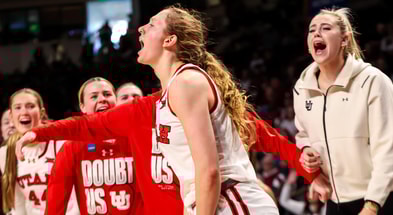 Utah Utes guard Gianna Kneepkens celebrates a basket against Indiana (Photo by Jeff Blake-Imagn Images)