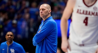 Kentucky head coach Mark Pope watches his team face Alabama during the second half of a Southeastern Conference tournament quarterfinal game at Bridgestone Arena in Nashville, Tenn., Friday, March 14, 2025. © Andrew Nelles / The Tennessean / USA TODAY NETWORK via Imagn Images