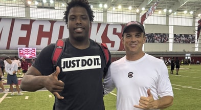 Class of 2027 offensive lineman Junior Saunders on a visit to South Carolina. Photo credit: Junior Saunders | @JRSaunders8 on Twitter/X