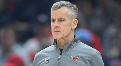 Apr 8, 2025; Cleveland, Ohio, USA; Chicago Bulls head coach Billy Donovan stands on the court in the first quarter against the Cleveland Cavaliers at Rocket Arena. Mandatory Credit: David Richard-Imagn Images
