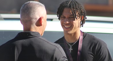 CJ Bronaugh talking with Mike Norvell at Florida State (Matt LaSerre/Warchant)