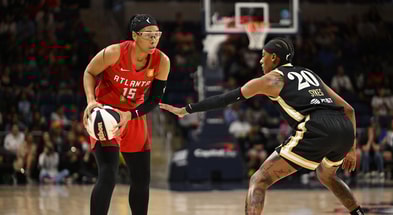 Atlanta Dream guard Allisha Gray (15) looks to drive past Washington Mystics guard Brittney Sykes (20) during the first quarter at CareFirst Arena. Mandatory Credit: Rafael Suanes-Imagn Images