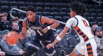 Milwaukee Juneau's Dooney Johnson (1) races Racine Park's Jwan Eastland (11) downcourt during their Deer District Prep Showcase game at Fiserv Forum in Milwaukee, WI. on Saturday, Feb. 8, 2025. Racine Park won the game, 70-55. © Scott Ash / Milwaukee Journal Sentinel / USA TODAY NETWORK via Imagn Images