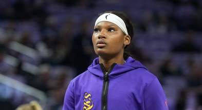Los Angeles Sparks forward Sania Feagin (1) before the game against the Golden State Valkyries at Chase Center. Mandatory Credit: Darren Yamashita-Imagn Images