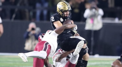 South Carolina's defense bringing down Vanderbilt Commodores quarterback Diego Pavia during last year's 28-7 blowout win in Nashville. Photo by: CJ Driggers | GamecockCentral