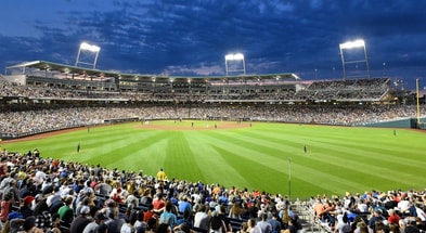 LSU takes on Coastal Carolina in Game 1 of the 2025 CWS Finals (Jamie Schwaberow | NCAA Photos via Getty Images.)
