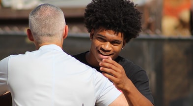 Jay Timmons at Florida State greeted by Head Coach Mike Norvell (Matt LaSerre:Warchant)