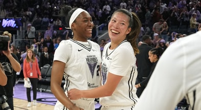 Golden State Valkyries guards Bree Hall (center left) and Kaitlyn Chen (center right) celebrate after defeating the Connecticut Sun at Chase Center. Mandatory Credit: Darren Yamashita-Imagn Images