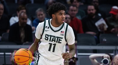 Michigan State Spartans guard Jase Richardson (11) dribbles the ball in the second half against the Oregon Ducks at Gainbridge Fieldhouse. - Trevor Ruszkowski, USA TODAY Sports