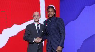 South Carolina basketball star Collin Murray-Boyles shaking NBA commissioner Adam Silver's hand after being drafted by the Toronto Raptors with the No. 9 overall pick. Photo by: Brad Penner-Imagn Images