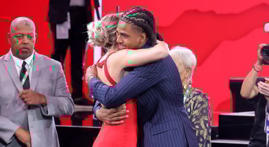 Collin Murray-Boyles embraces girlfriend Chloe Kitts after being selected as the ninth pick by the Toronto Raptors in the first round of the 2025 NBA Draft at Barclays Center. Mandatory Credit: Brad Penner-Imagn Images