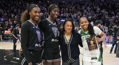 Golden State Valkyries guard Bree Hall (21) and forward Laeticia Amihere (3) pose for a photo with South Carolina Gamecocks women's basketball head coach Dawn Staley and Seattle Storm guard Zia Cooke (7) after the game at Chase Center. Mandatory Credit: Darren Yamashita-Imagn Images