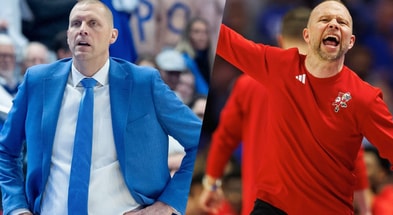 Kentucky basketball coach Mark Pope and Louisville basketball coach Pat Kelsey at the 2024 Battle of the Bluegrass game. © Clare Grant & Jordan Prather / USA TODAY NETWORK via Imagn Images