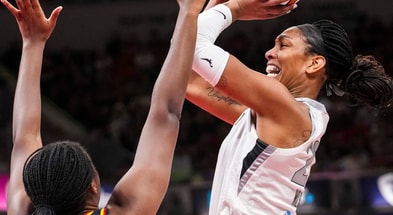 South Carolina women's basketball alum A'ja Wilson shooting over fellow Gamecock great Aliyah Boston. Photo by: Grace Smith/IndyStar / USA TODAY NETWORK via Imagn Images