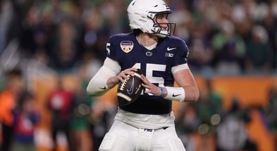 Penn State Nittany Lions quarterback Drew Allar (15) looks to pass in the second half against the Notre Dame Fighting Irish in the Orange Bowl at Hard Rock Stadium. (Photo by Nathan Ray Seebeck-Imagn Images)