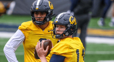 Cal quarterbacks Devin Brown and Jaron Sagapolutele
