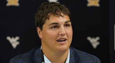 West Virginia offensive lineman Landen Livingston speaks with the media during 2025 Big 12 FoLanden Livingston - Raymond Carlin III-Imagn Images