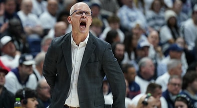 UConn basketball coach Dan Hurley watches from the sideline as they take on the Marquette Golden Eagles at Harry A. Gampel Pavilion.