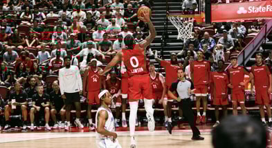South Carolina basketball alum AJ Lawson throwing down a dunk during NBA Summer League. Photo credit: Toronto Raptors | @Raptors on Twitter/X