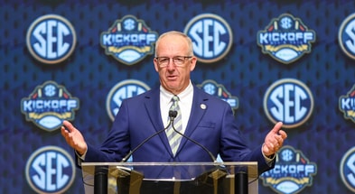 Jul 16, 2025; Atlanta, GA, USA; SEC commissioner Greg Sankey speaks to the media during the SEC Media Day at Omni Atlanta Hotel. Mandatory Credit: Jordan Godfree-Imagn Images
