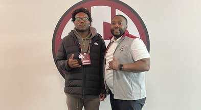 Class of 2027 four-star Jaiden Bryant with South Carolina defensive ends/outside linebackers coach Sterling Lucas. Photo credit: Jaiden Bryant | @jboog24_ on Twitter/X