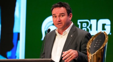 Michigan State head coach Jonathan Smith speaks to the media during the Big Ten NCAA college football media days at Mandalay Bay Resort. - Lucas Peltier, USA TODAY Sports