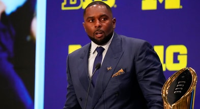 Sherrone Moore speaks to the media during the Big Ten NCAA college football media days at Mandalay Bay Resort. Mandatory Credit: Lucas Peltier-Imagn Images