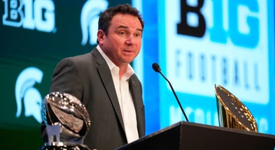 Michigan State head coach Jonathan Smith speaks to the media during the Big Ten NCAA college football media days at Mandalay Bay Resort. - Lucas Peltier, USA TODAY Sports