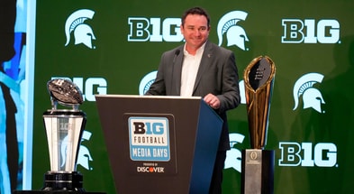 Michigan State head coach Jonathan Smith speaks to the media during the Big Ten NCAA college football media days at Mandalay Bay Resort. - Lucas Peltier, USA TODAY Sports