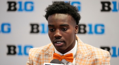 Michigan State wide receiver Nick Marsh speaks to the media during the Big Ten NCAA college football media days at Mandalay Bay Resort. - Lucas Peltier, USA TODAY Sports