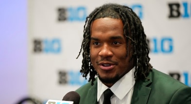 Michigan State linebacker Jordan Hall speaks to the media during the Big Ten NCAA college football media days at Mandalay Bay Resort. - Lucas Peltier, USA TODAY Sports