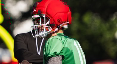 Rutgers Football quarterback Athan Kaliakmanis in training camp.