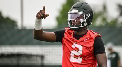 Michigan State QB Aidan Chiles seen Tuesday, July 29, 2025, during the first day of football practice at the Skandalaris Football Center. - Matthew Dae Smith, USA TODAY Sports