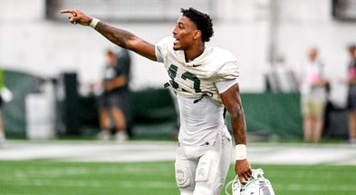 Michigan State's Malik Spencer communicates with teammates during camp on Monday, Aug. 5, 2024, at the indoor practice facility in East Lansing. - Nick King, USA TODAY Sports