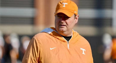 Tennessee Head Coach Josh Heupel looks on during defensive back drill