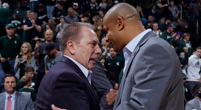 Michigan State coach Tom Izzo, left, and Northern Illinois coach Mark Montgomery, a former Izzo assistant shake hands following their game, Saturday, Dec. 29, 2018, in East Lansing, Mich. - Al Goldis, USA TODAY Sports