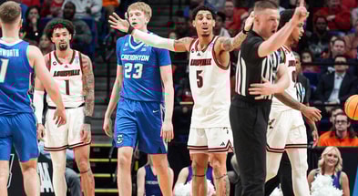 Louisville Cardinals guard Terrence Edwards Jr. (5) reacts to a late call by an official in the Cards' 89-75 loss to Creighton in the first round game of the 2025 NCAA men's basketball tournament at Rupp Arena in Lexington, Kentucky Thursday March 20, 2025.