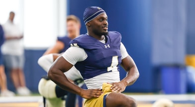 Jeremiyah Love stretches at first Notre Dame football practice of 2025 camp